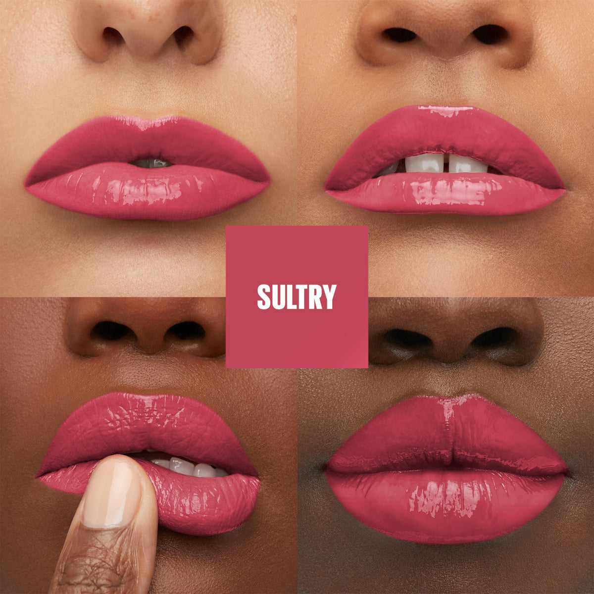 MAYBELLINE glossy texture swatch demonstrating intense pigment and shine