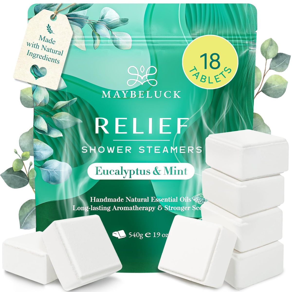 Maybeluck front packaging showing eucalyptus mint scent and benefits