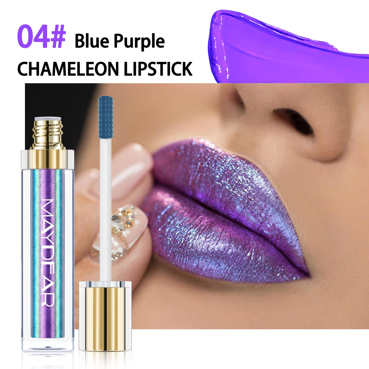Maydear chameleon on model demonstrating color shift and photogenic metallic shine