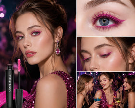 Maydear model wearing rose mascara at a party showcasing long-lasting vibrant look