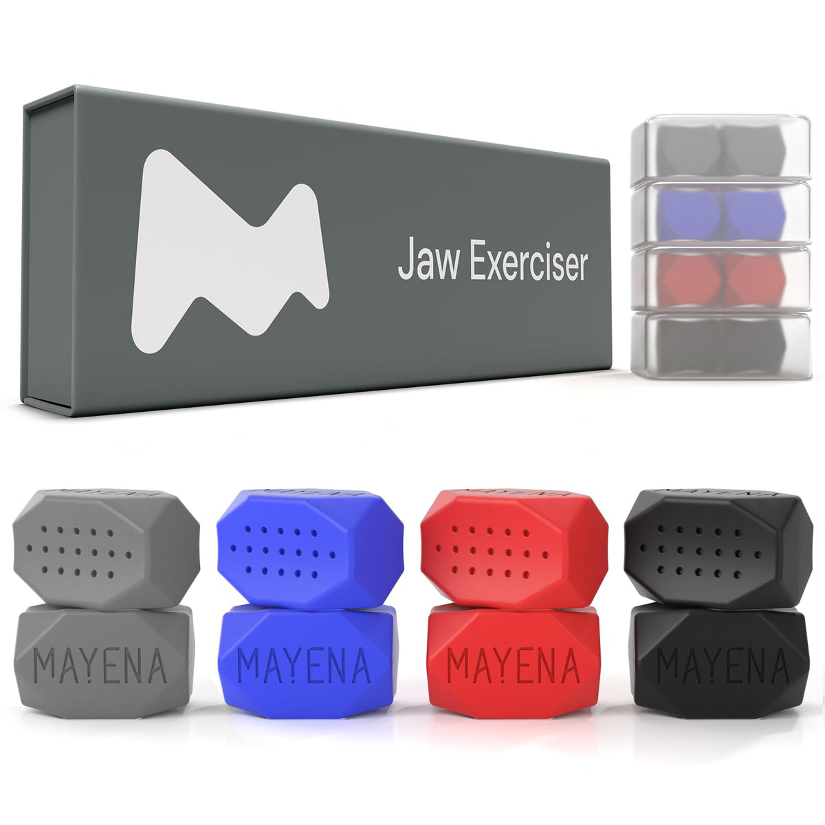 Mayena front packaging showing the four-level jaw exerciser set and benefits