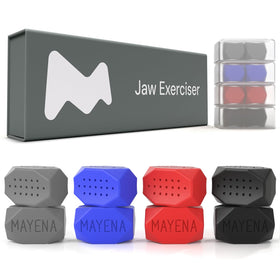 Mayena front packaging showing the four-level jaw exerciser set and benefits