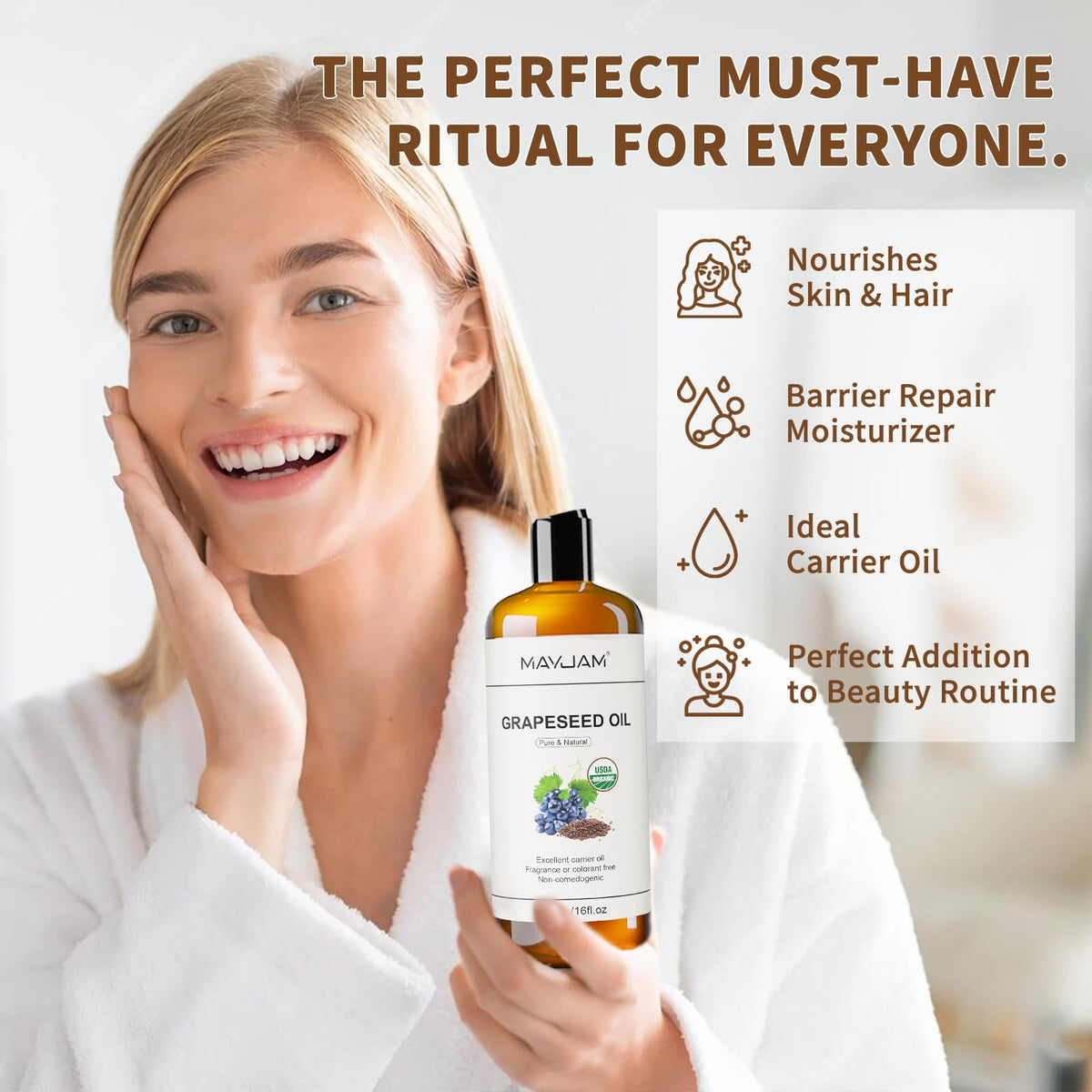 MAYJAM bottle beside grapeseeds illustrating natural cold-pressed sourcing benefits