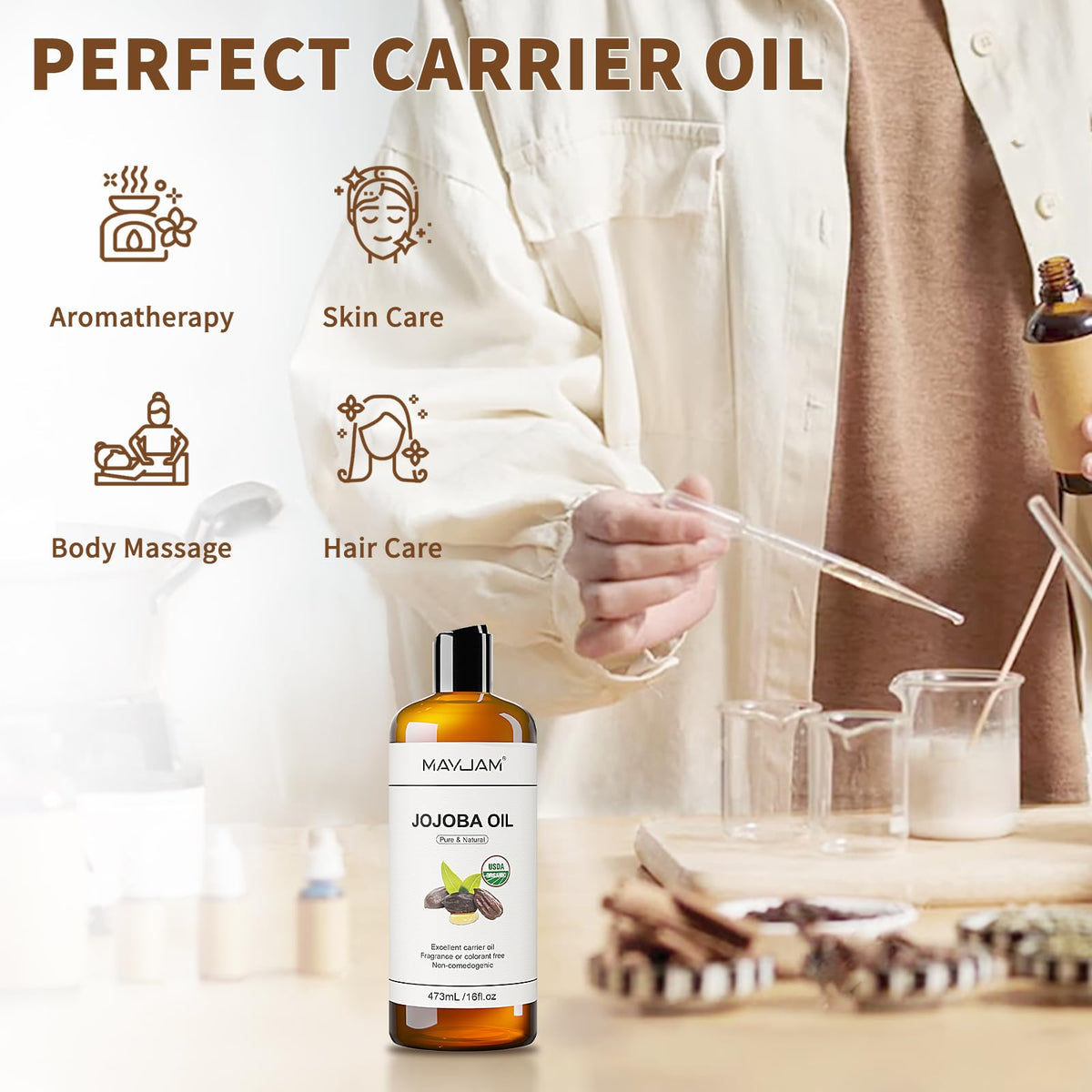 MAYJAM jojoba oil in bowl with essential oils for custom DIY blends