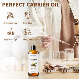 MAYJAM jojoba oil in bowl with essential oils for custom DIY blends
