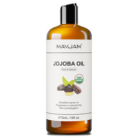 MAYJAM front bottle view showing organic 16oz jojoba oil and label benefits