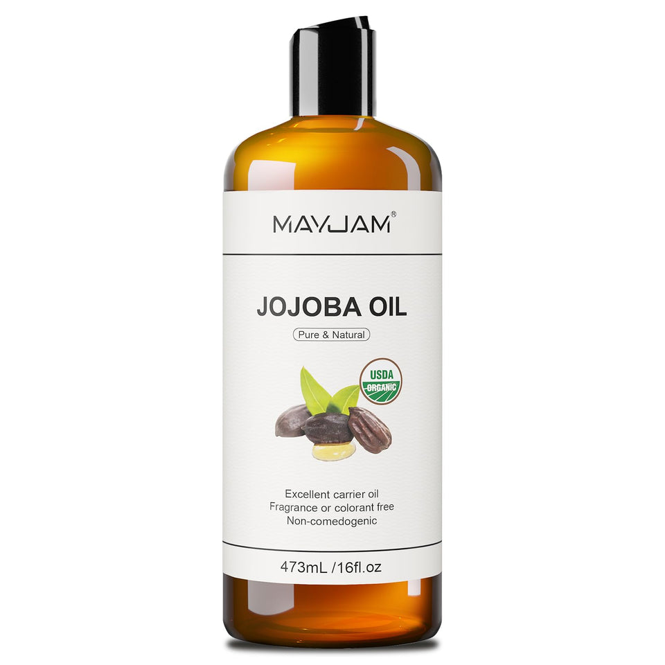 MAYJAM front bottle view showing organic 16oz jojoba oil and label benefits