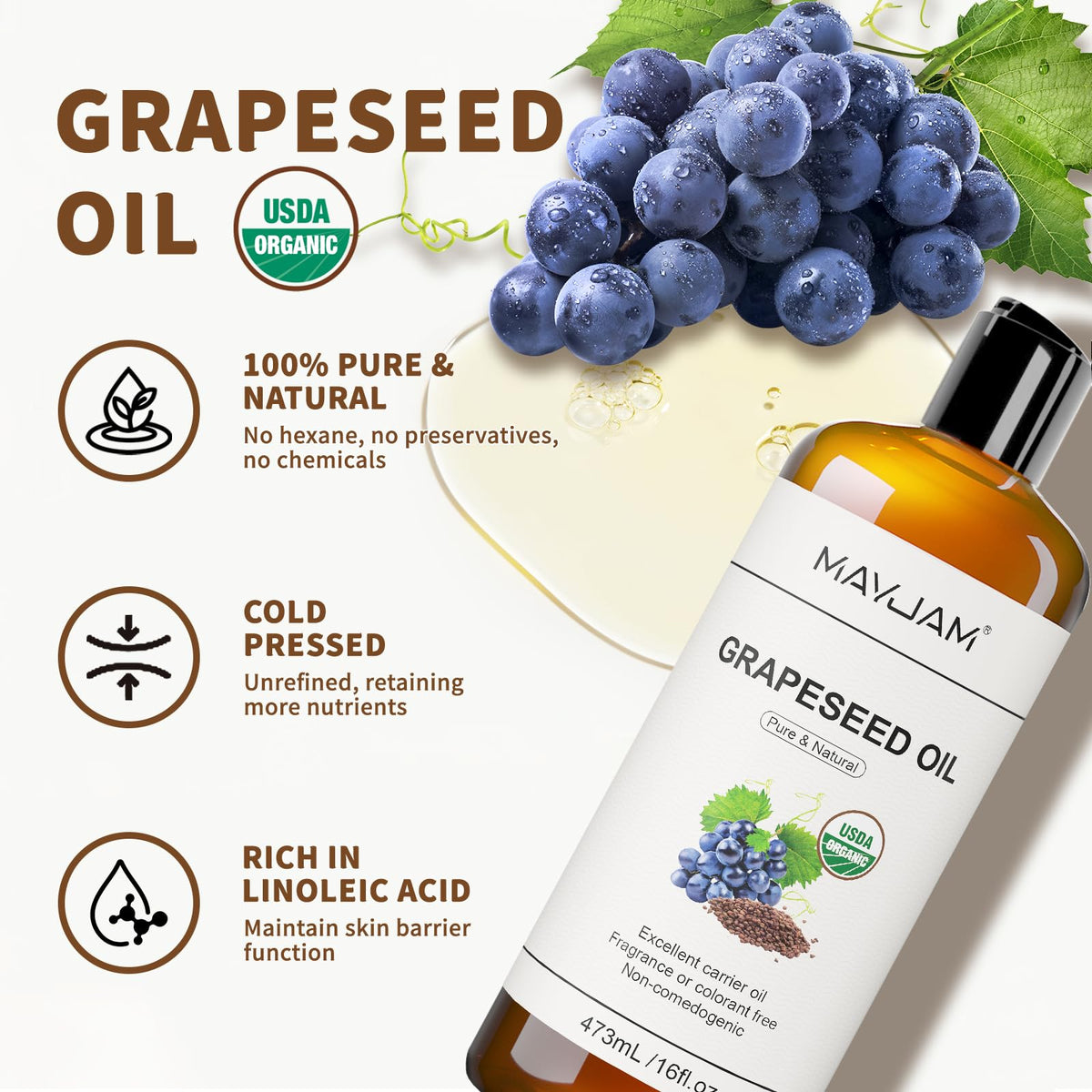 MAYJAM oil pouring onto hand demonstrating quick absorption and lightweight hydration