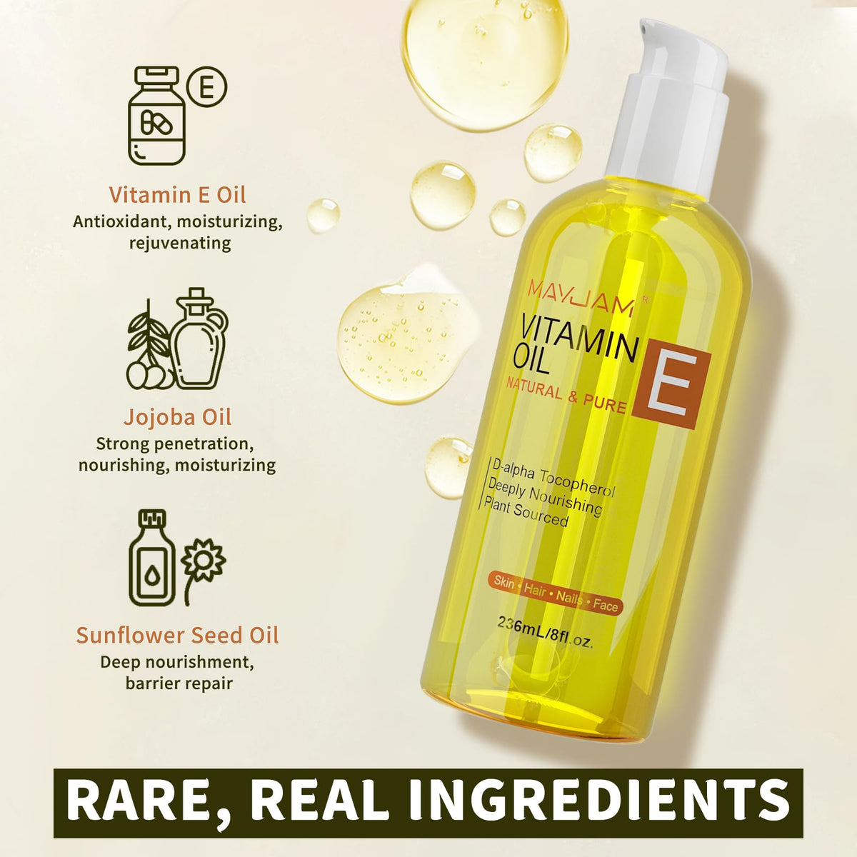 MAYJAM oil texture close-up drop, demonstrates pure tocopherol clarity and richness