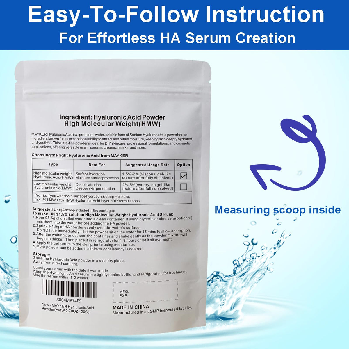 MAYKER measuring scoop with powder ready to measure, ensuring accurate small-batch control
