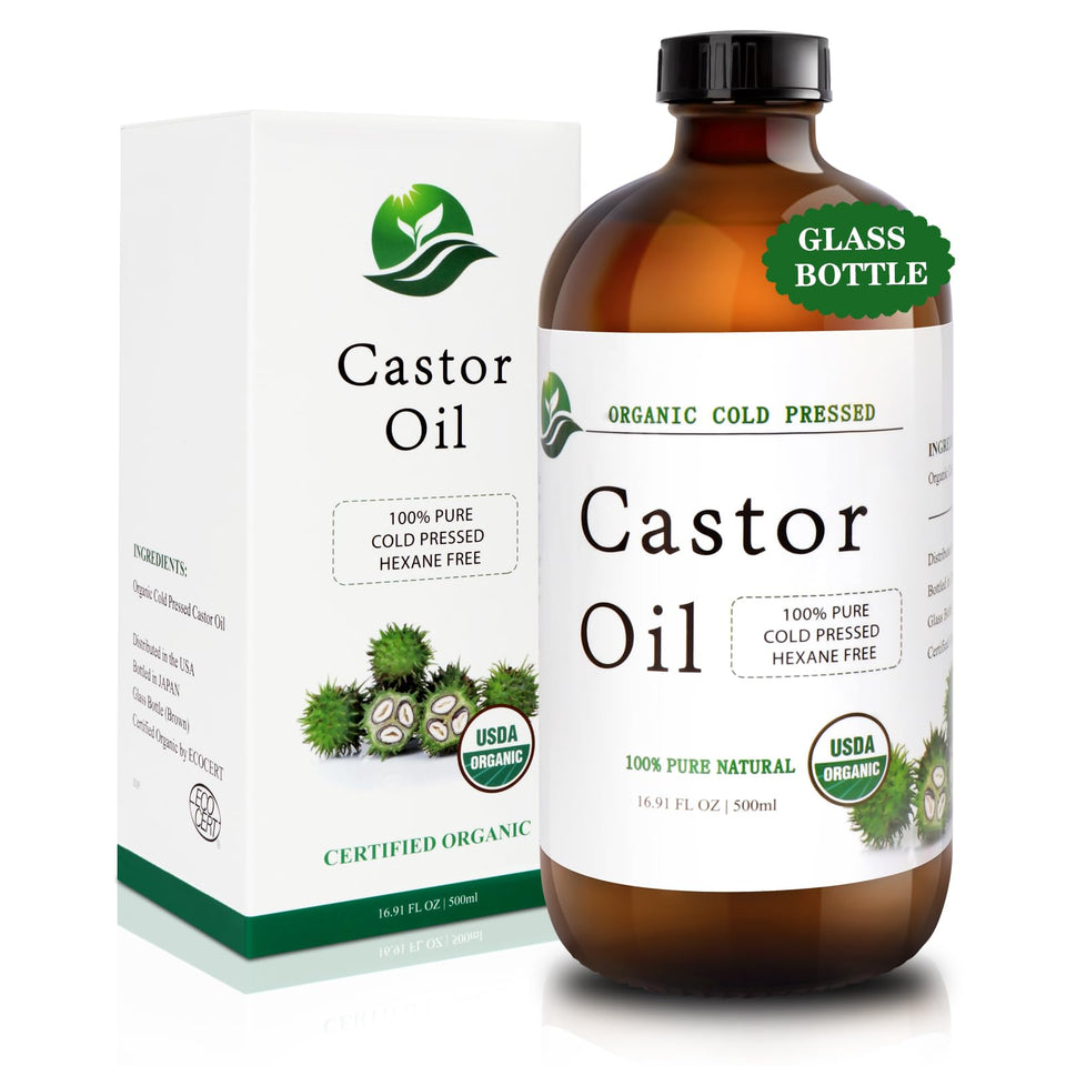 MAYLINK front glass bottle showing 500ml organic castor oil, protects potency