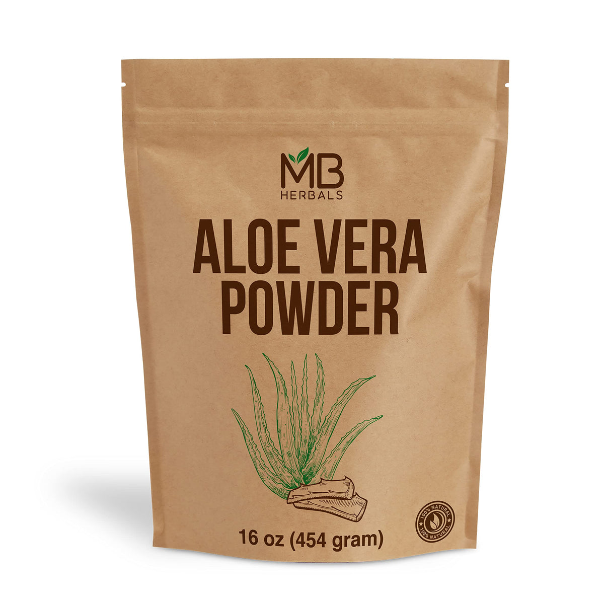 MB Herbals front package showing 1 lb aloe vera powder and label benefits