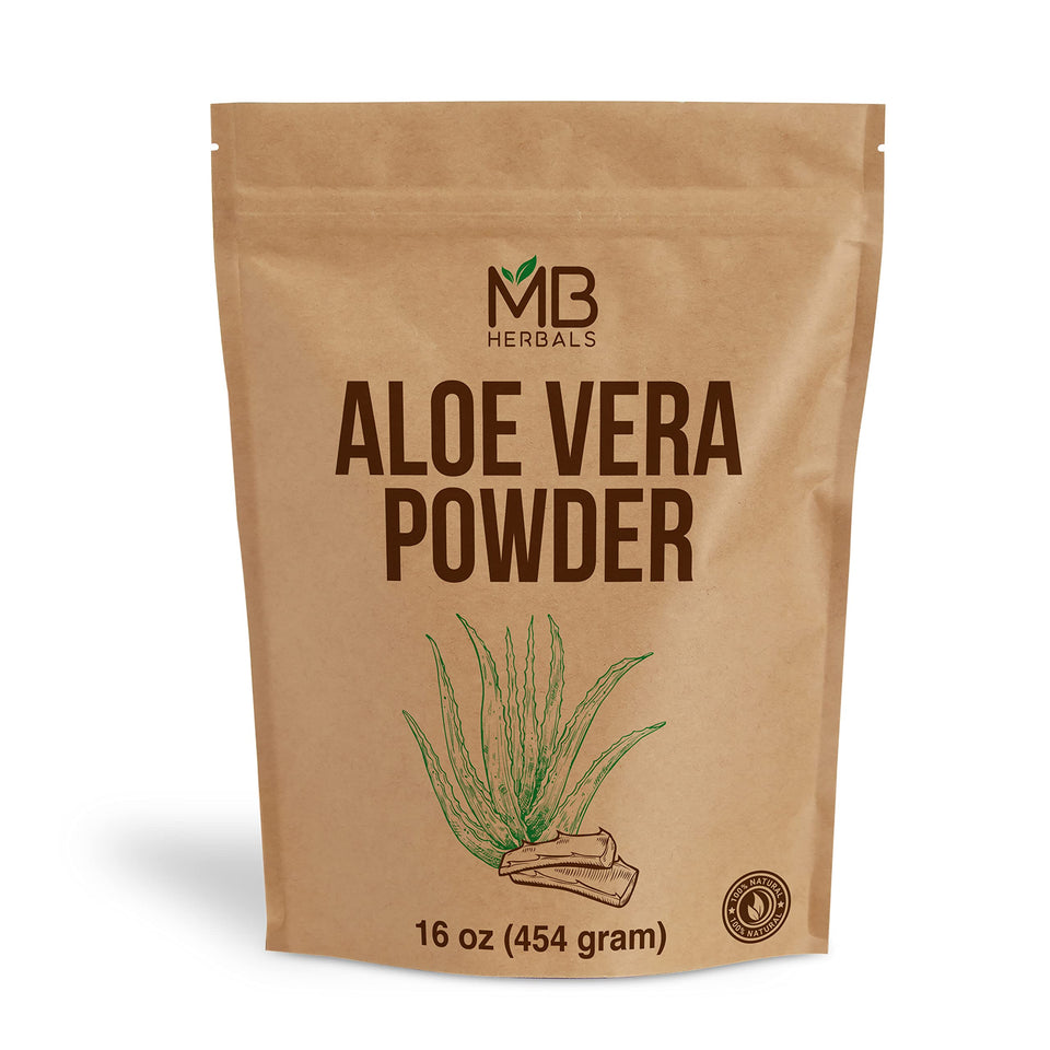 MB Herbals front package showing 1 lb aloe vera powder and label benefits