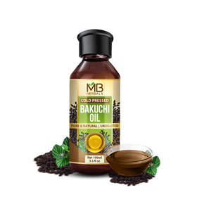 MB Herbals bakuchi oil front bottle showing label and compact size, clear pure formula benefit