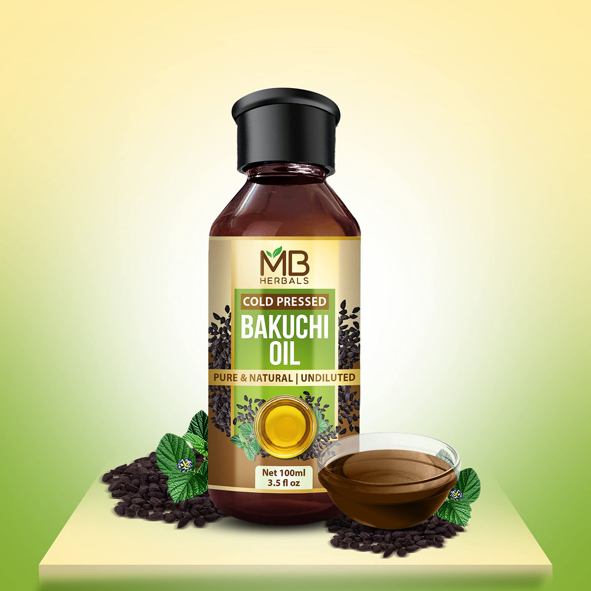 MB Herbals bakuchi oil golden texture closeup highlighting seed-oil consistency and easy blending benefit