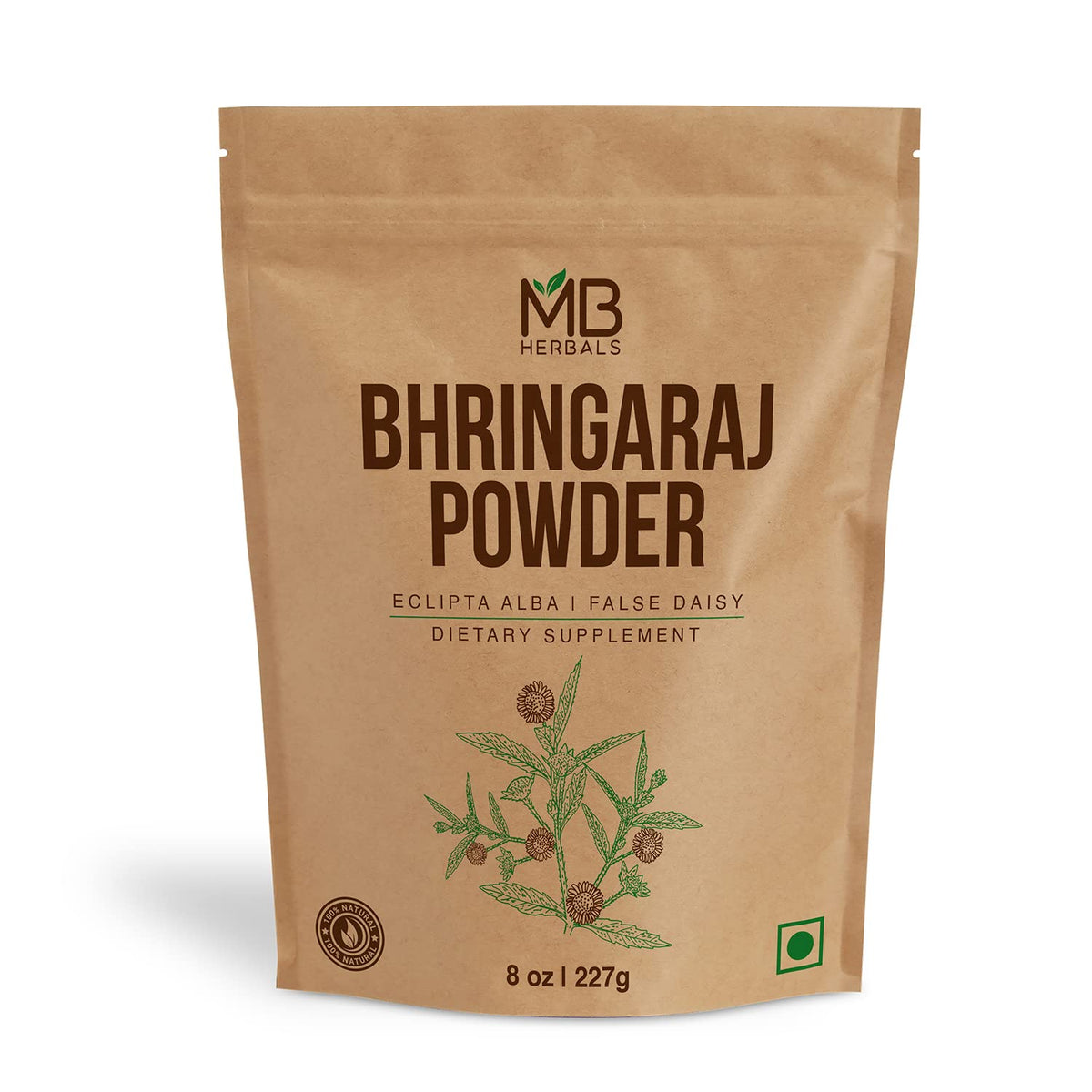 MB Herbals pouch front view showing product label and weight, clear branding benefit