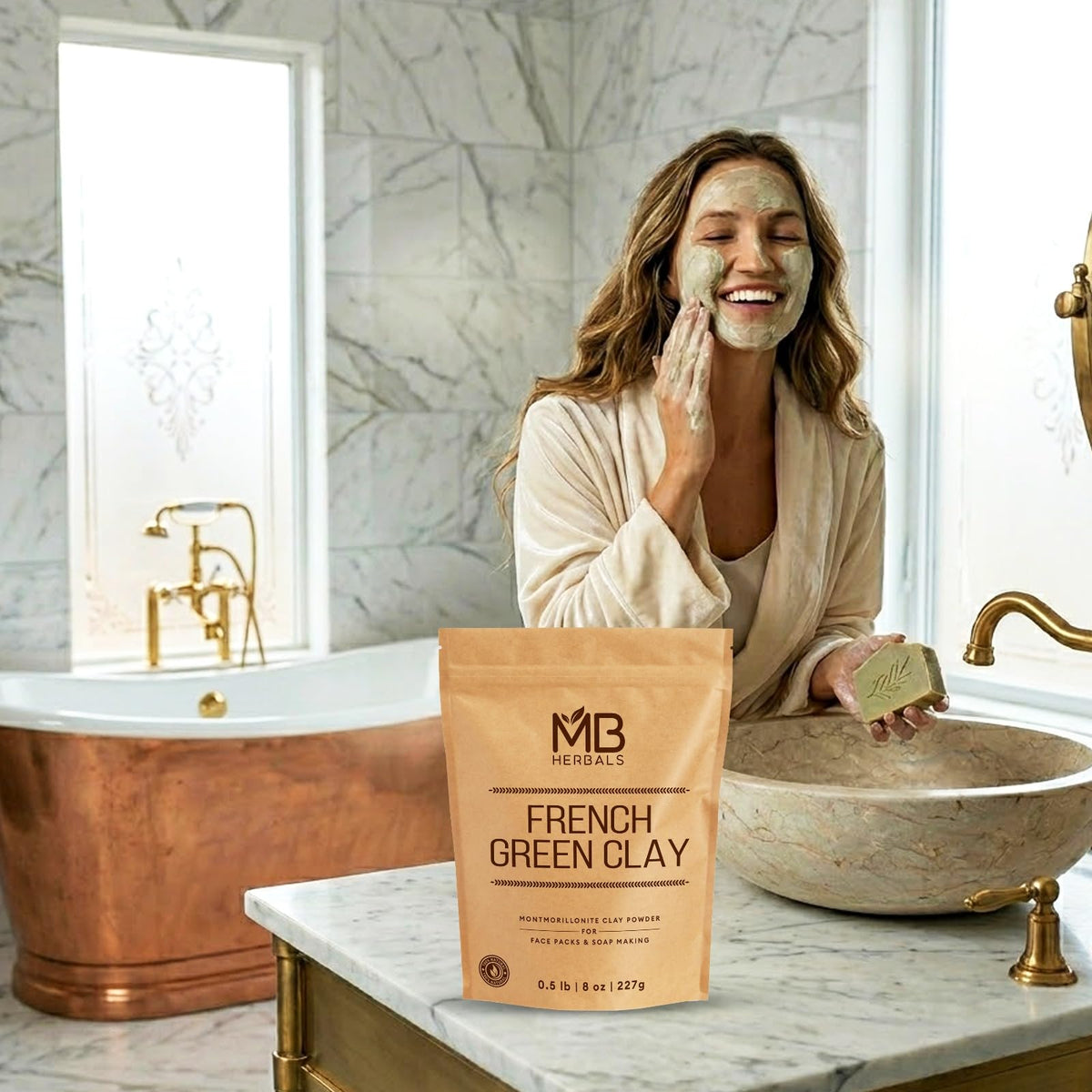 MB Herbals clay mixed in bowl with rose water demonstrating easy mask preparation