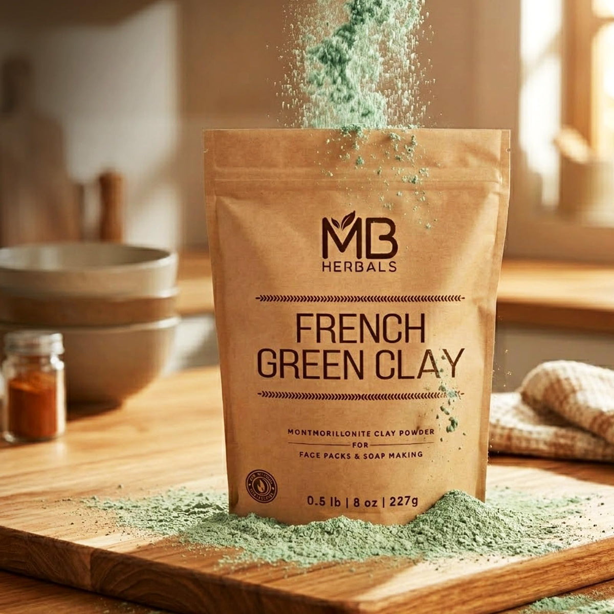 MB Herbals clay with botanicals in bathroom setting suggesting DIY skincare use
