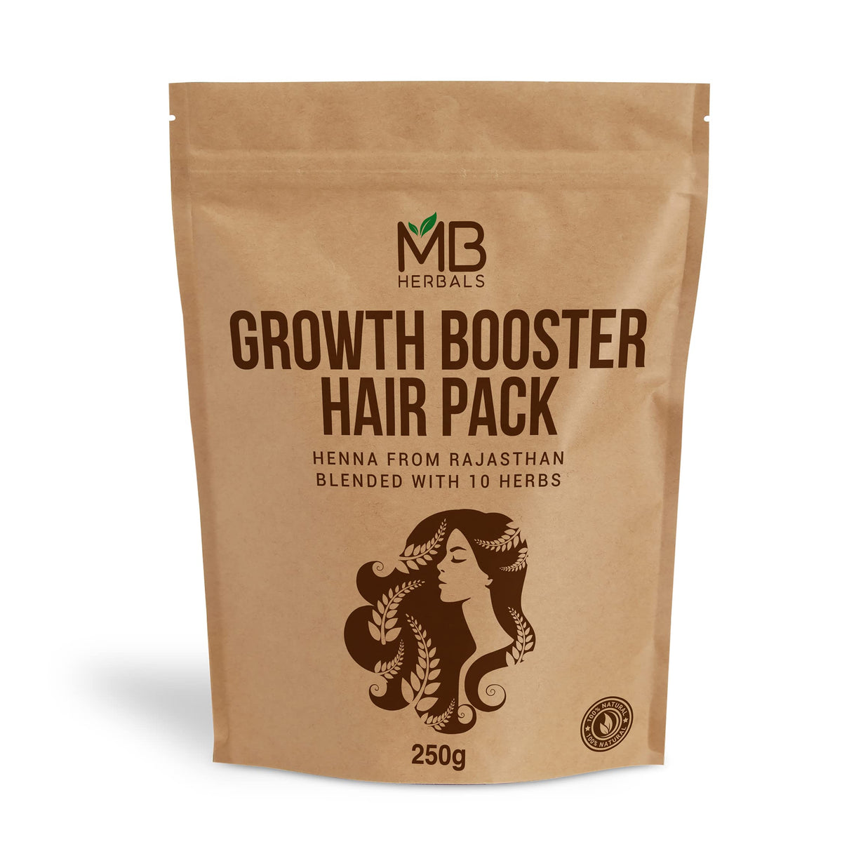 MB Herbals front packaging pouch showing ingredients and net weight, highlighting natural blend