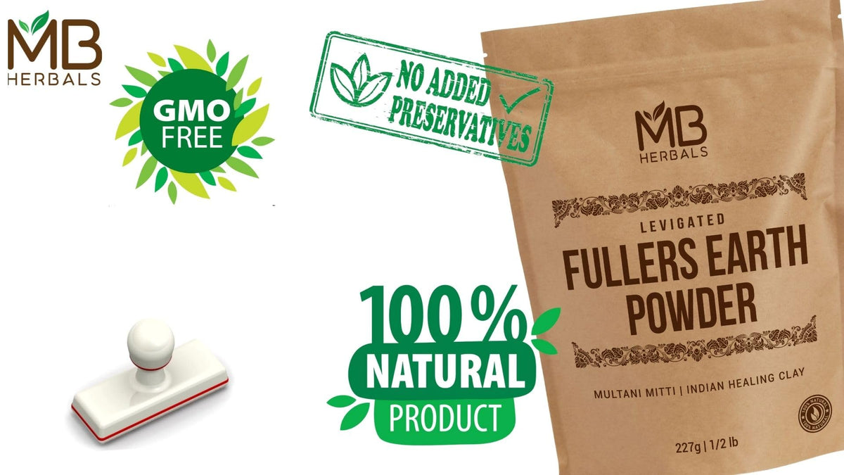 MB Herbals labelled pouch detail highlighting 'no fragrance, no preservatives'