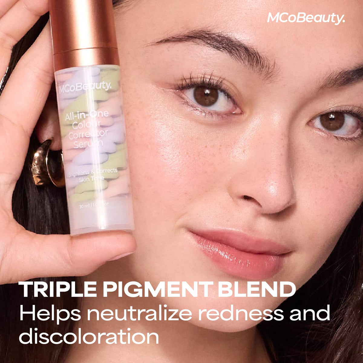 MCoBeauty product dispensed on hand demonstrating easy spread and glow