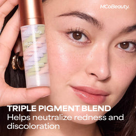 MCoBeauty product dispensed on hand demonstrating easy spread and glow