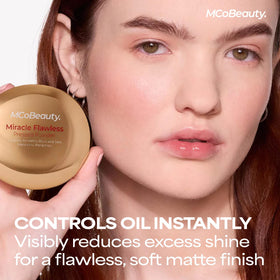 MCoBeauty application with a fluffy brush delivering mattified, blurred skin