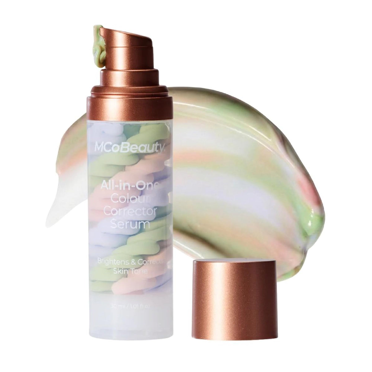 MCoBeauty front pump bottle showing sleek applicator and brand benefit