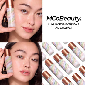 MCoBeauty next to coin for scale showing compact 30 mL travel-friendly size