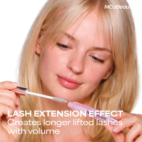 MCoBeauty next to a lash curler showing curl retention and compatibility benefit