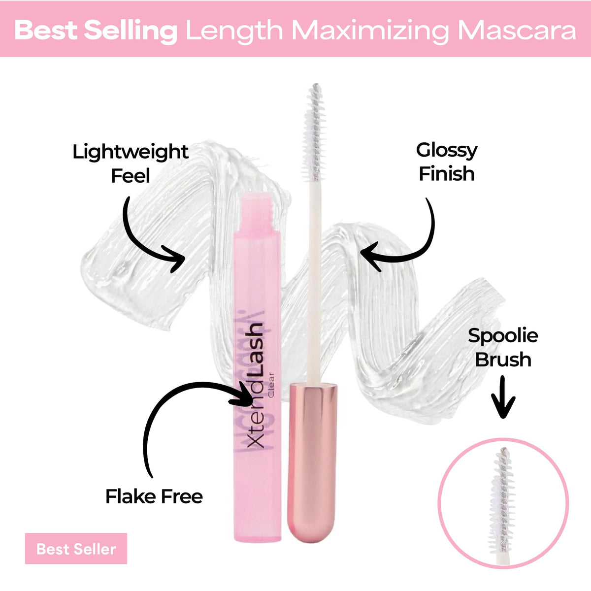 MCoBeauty swatch of clear gloss texture highlighting smooth non-clumping finish