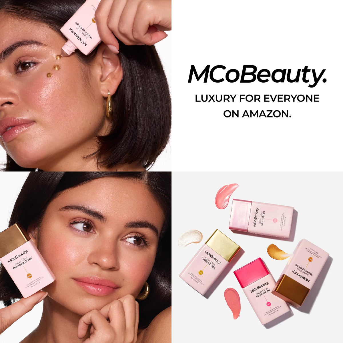 MCoBeauty bottle beside jojoba oil and hyaluronic vial showing nourishing actives