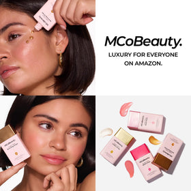 MCoBeauty bottle beside jojoba oil and hyaluronic vial showing nourishing actives
