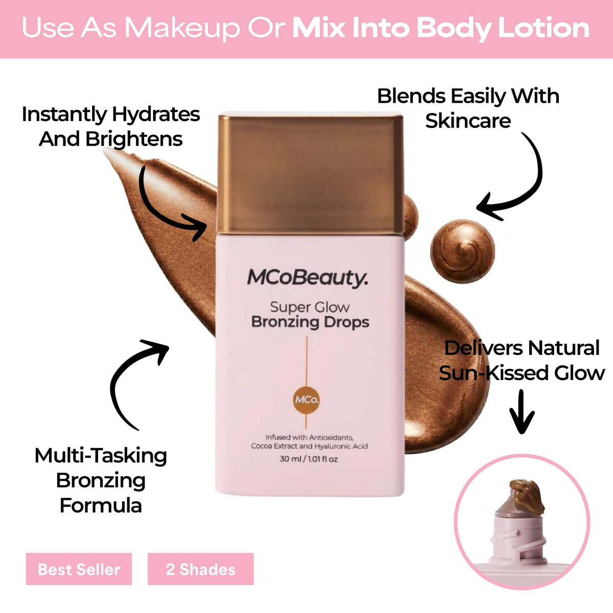 MCoBeauty texture close-up revealing golden liquid shimmer and smooth finish