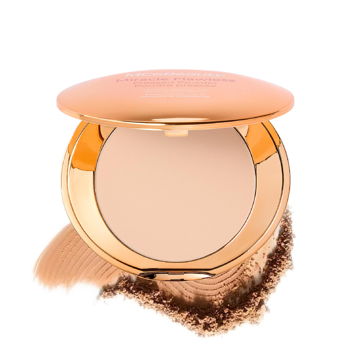 MCoBeauty compact front view showing sleek case and brand logo, easy portability