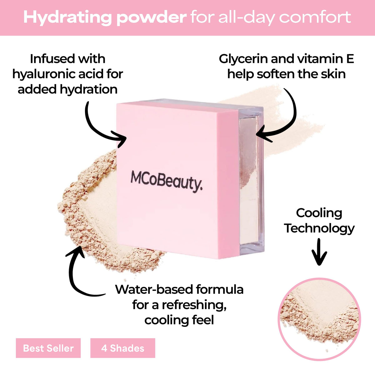 MCoBeauty finely milled powder texture that blurs pores and smooths skin