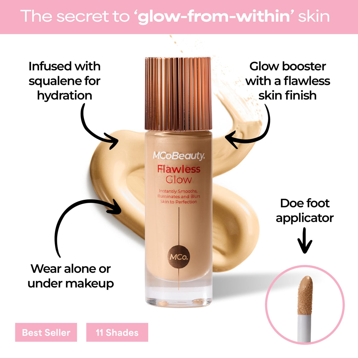 MCoBeauty product texture close-up highlighting lightweight, blendable finish