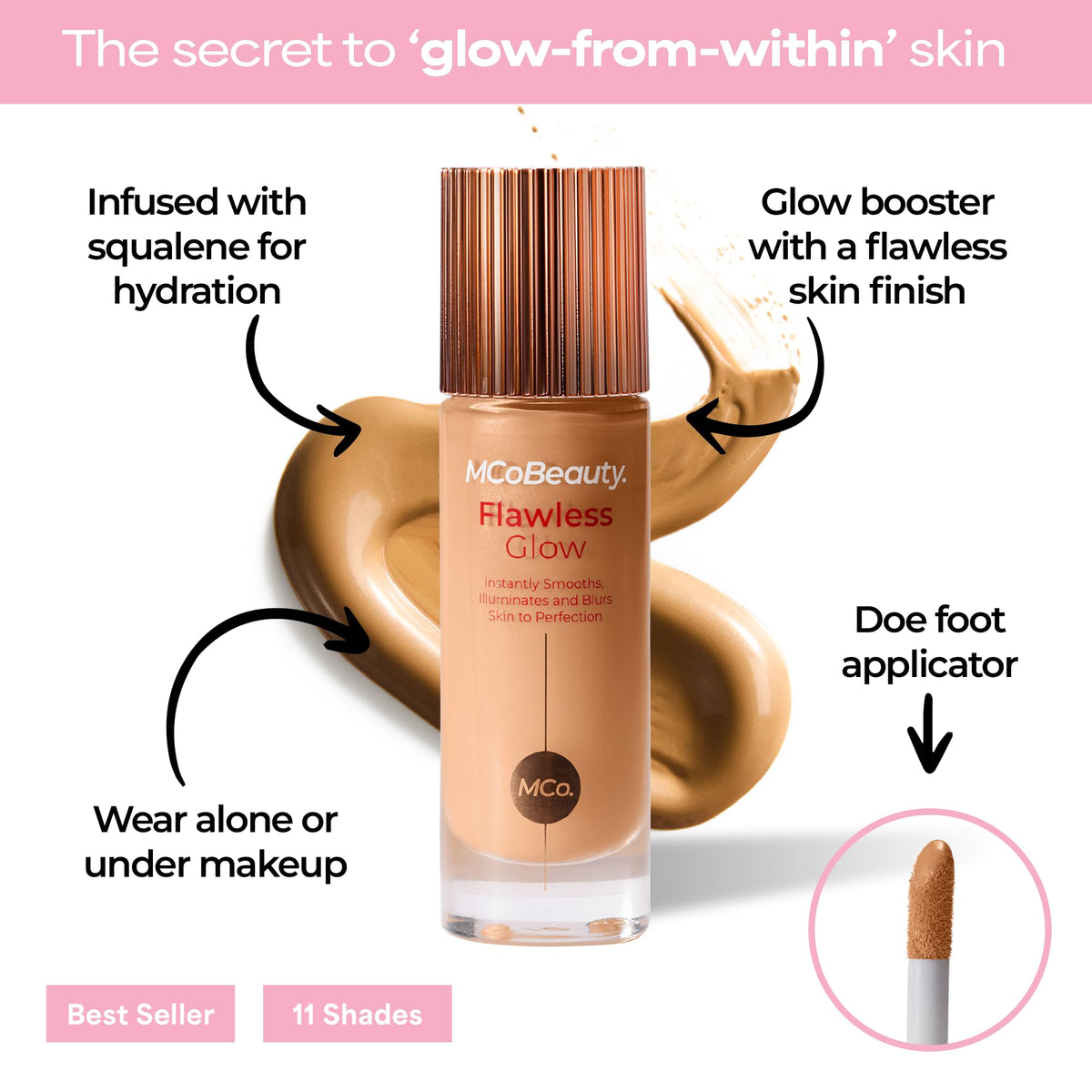 MCoBeauty texture close-up droplet on fingertip, reveals lightweight dewy finish