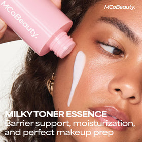 MCoBeauty milky toner texture poured onto hand for hydration