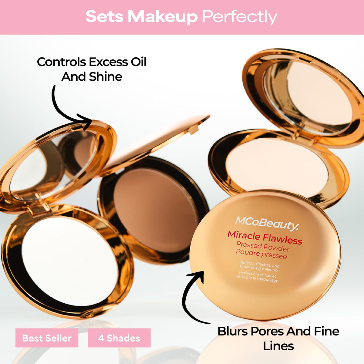 MCoBeauty open compact with mirror for convenient on-the-go application and quick checks