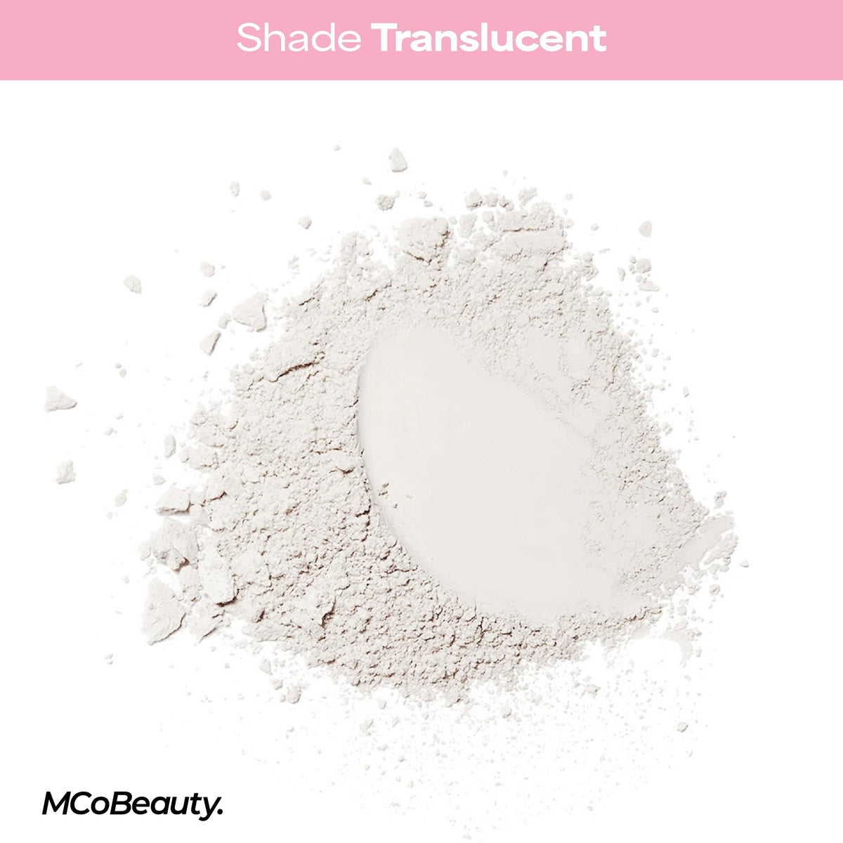 MCoBeauty powder on skin swatch displaying translucent, no-white-cast finish and natural look