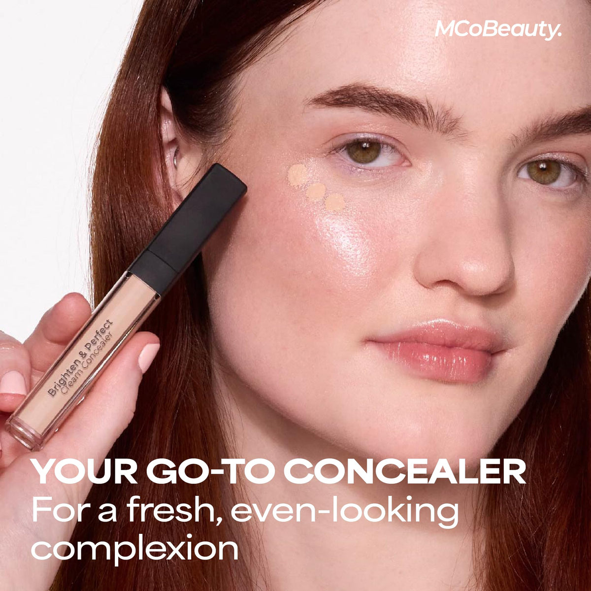 MCoBeauty under-eye application close-up demonstrating brightening and smoothing benefit