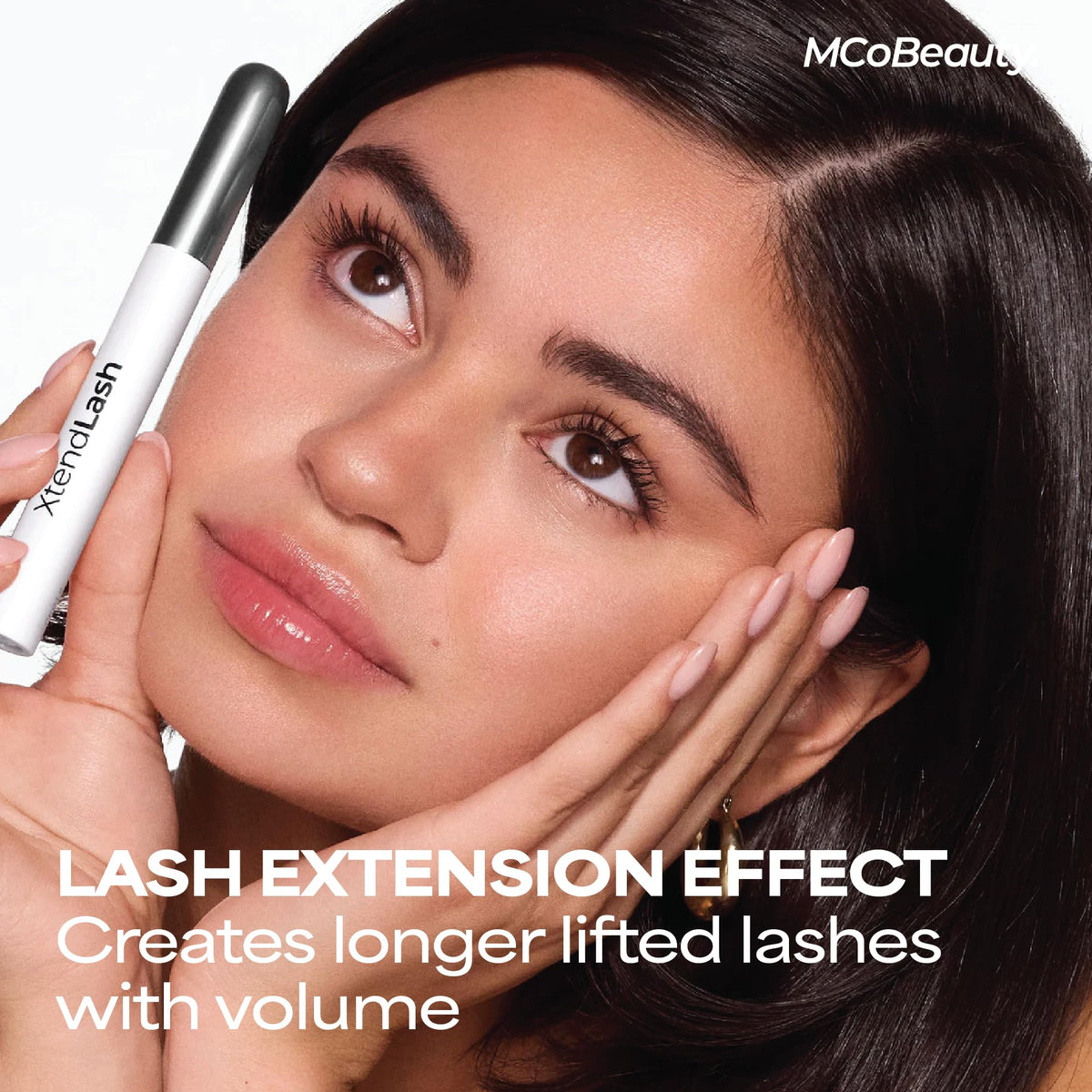 MCoBeauty XtendLash wand and bristles coating lashes for precise definition and length