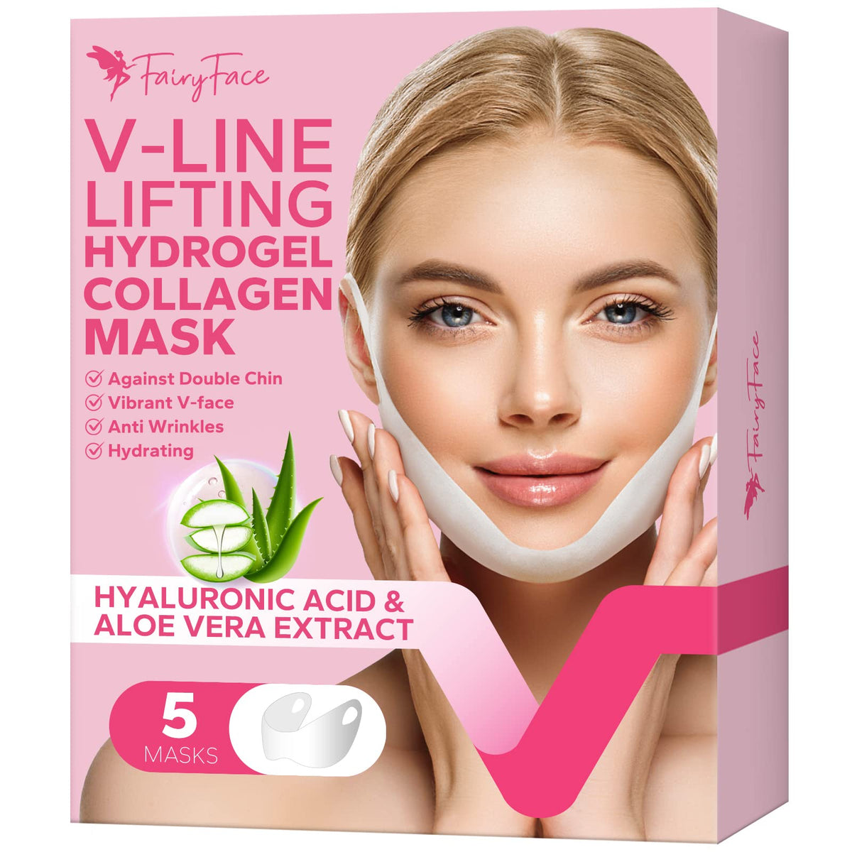MCOMCE front packaging showing five FairyFace V Line masks and benefits