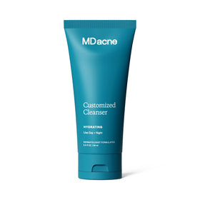 MDacne front packaging shows cleanser tube and branding, promoting gentle pore-clearing