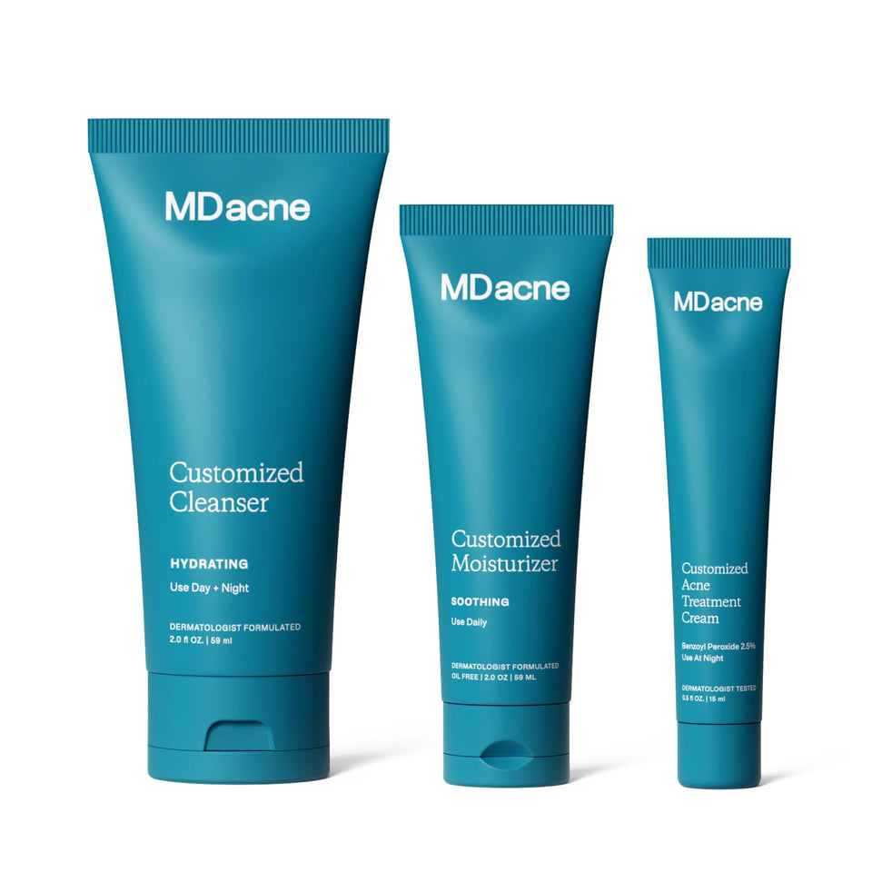 MDacne front packaging kit showing all three products and clear benefits