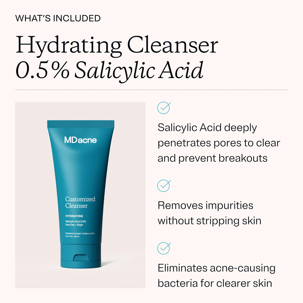 MDacne label close-up listing active ingredients for transparency
