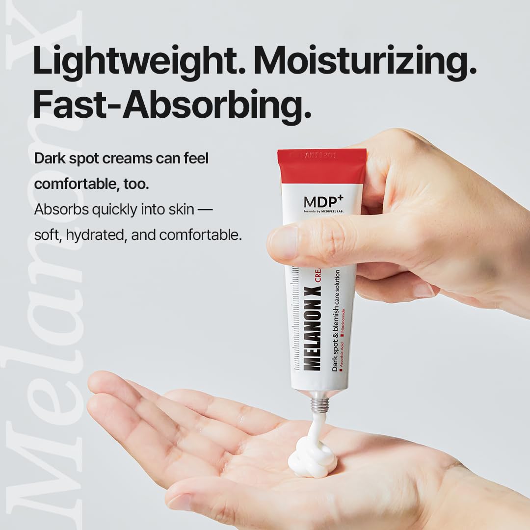 MDP Melanon X Cream next to a 30g comparison showing compact travel-friendly benefit