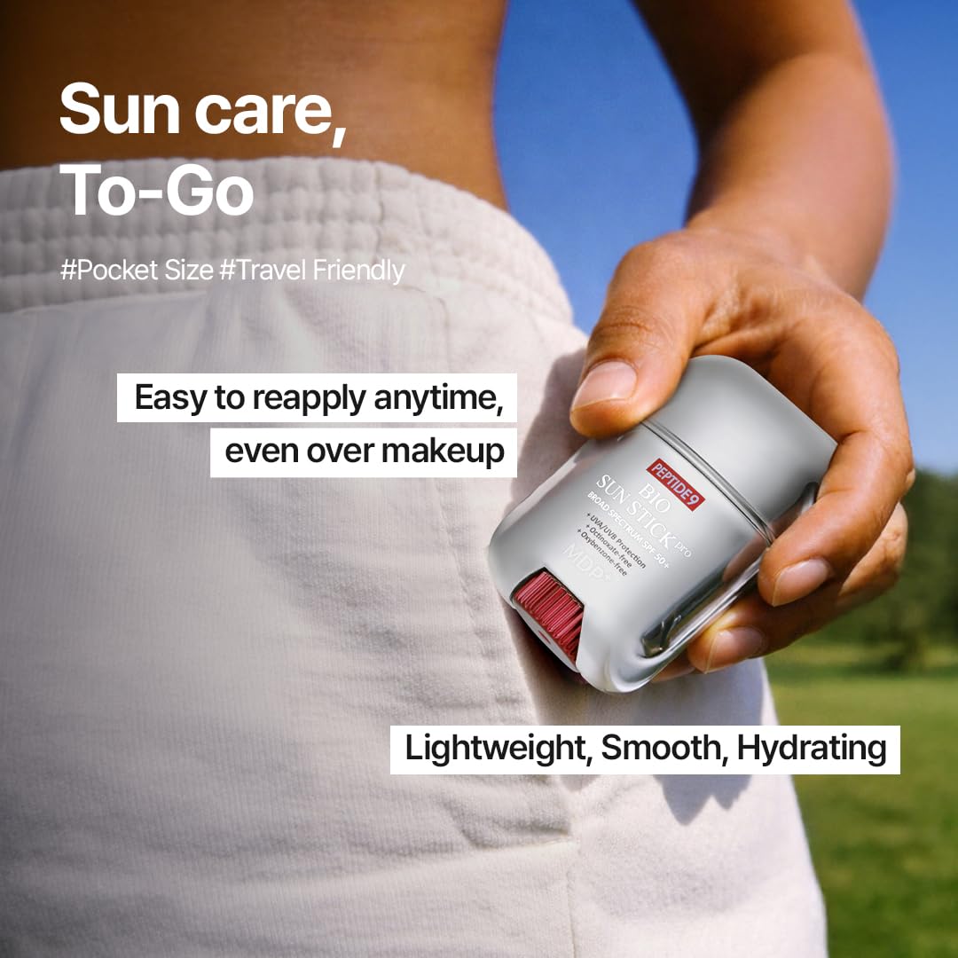 MDP Peptide 9 Bio Sunstick Pro beside makeup items showing compatibility with cosmetics