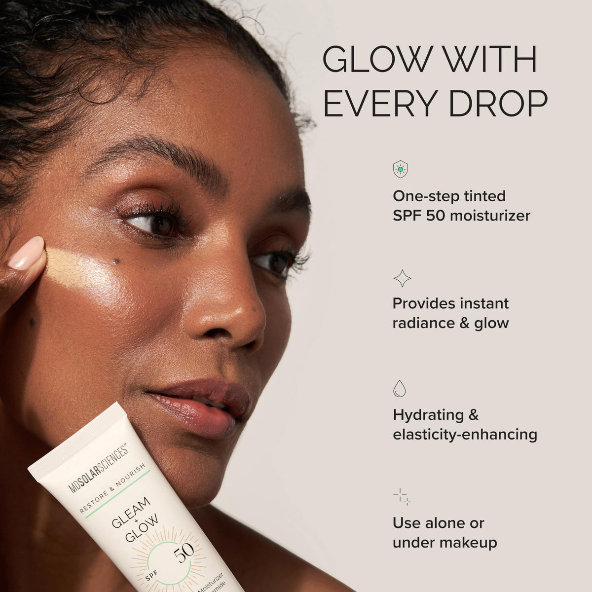 MDSolarSciences applied on skin illustrating natural glow and coverage